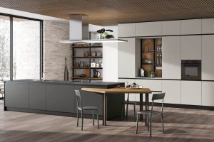Stosa Cucine Infinity – Grifflose Eleganz Seidenmatt Grau – Dunkelgrau matt (Insel) und Hellbeige matt (Hochschränke)
