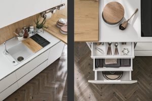 Stosa Cucine Bring – Kompakte Funktion Weiß-Eiche – Weiß matt mit Holzakzenten