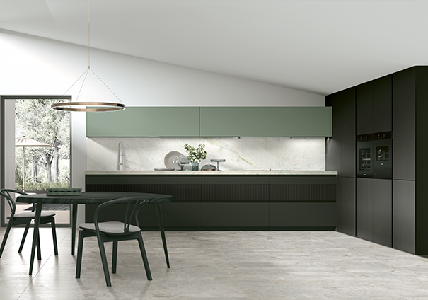 Stosa Cucine Mood – Skandinavisches Design Salbei-Eiche – Salbeigrün matt / Dunkelgrün matt gerillt